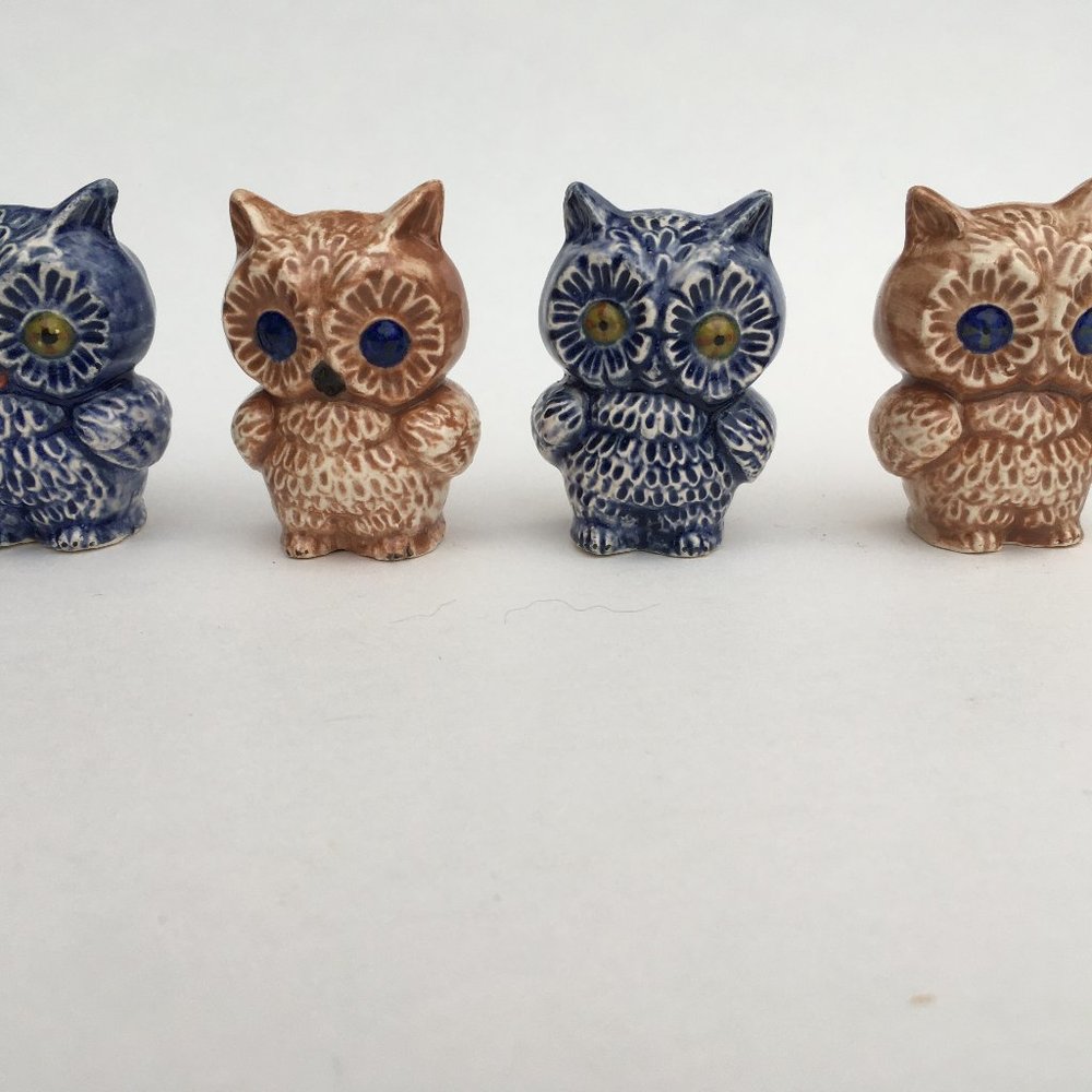 Silva Ceramic Owls Set Of 4 Blue Brown  2.5” New Made from Vtg Mold Halloween